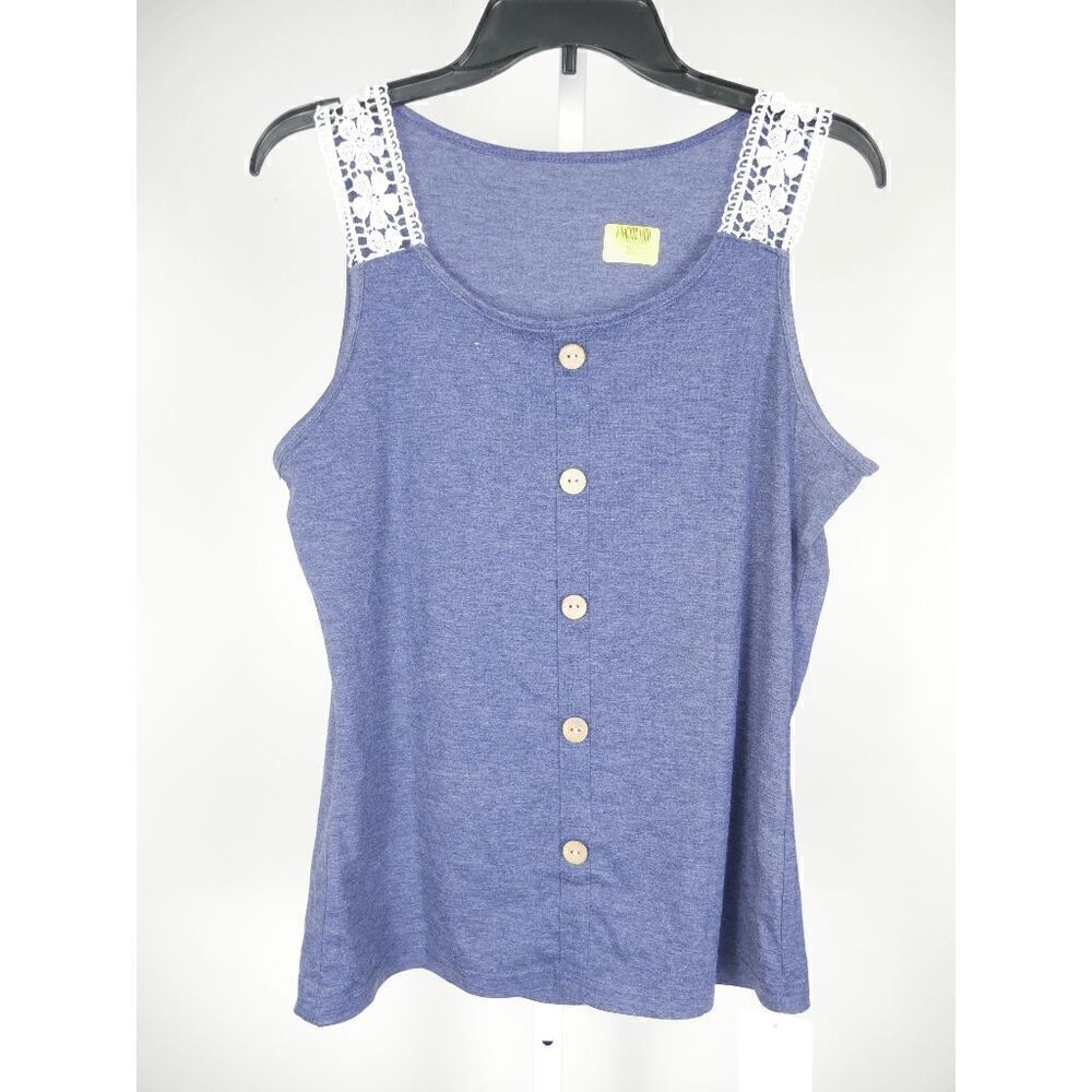 Women's Navy Lace Strap Button-accent Tank Top M - Picture 2 of 7